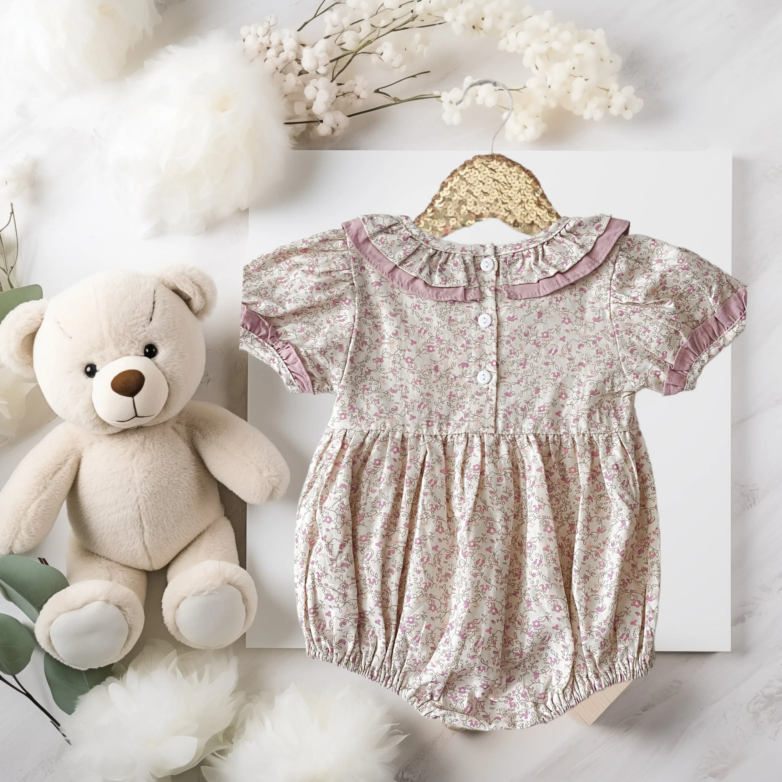 $17.50 EA - 3-6M X 2, 6-12M X 2, 12-24M X 2  -   Baby & Toddler Girls Twinning - Mauve Vintage Floral Rompers