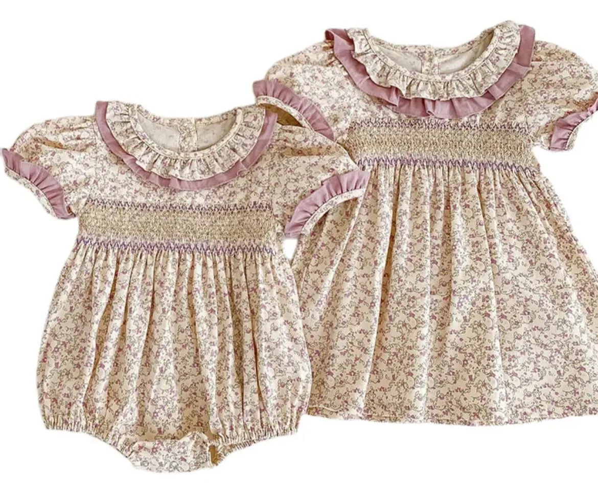 $17.50 EA - 3-6M X 2, 6-12M X 2, 12-24M X 2  -   Baby & Toddler Girls Twinning - Mauve Vintage Floral Rompers