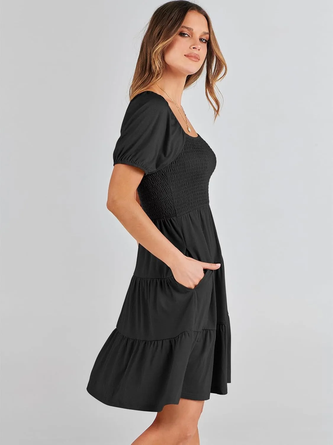 ANRABESS Womens 2025 Summer Casual Dress Square Neck Puff Sleeve Boho Beach Vacation Short Dress