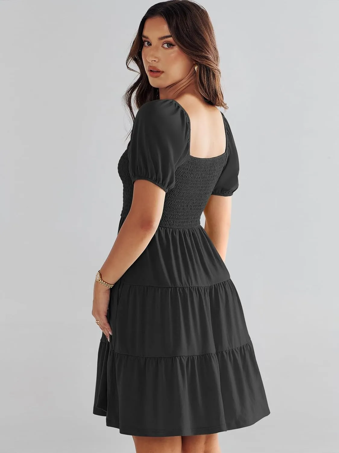ANRABESS Womens 2025 Summer Casual Dress Square Neck Puff Sleeve Boho Beach Vacation Short Dress