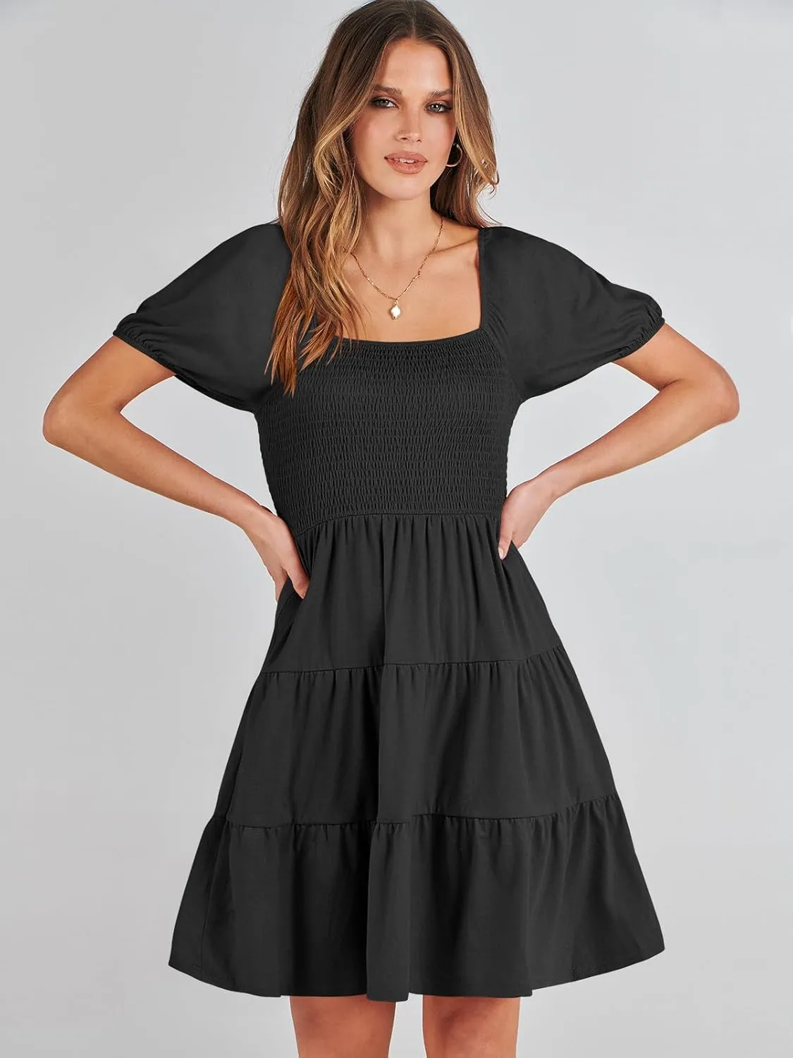 ANRABESS Womens 2025 Summer Casual Dress Square Neck Puff Sleeve Boho Beach Vacation Short Dress