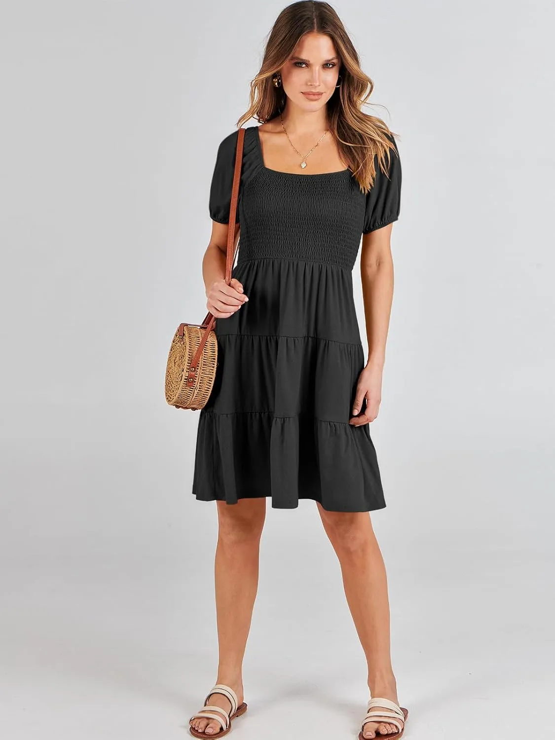 ANRABESS Womens 2025 Summer Casual Dress Square Neck Puff Sleeve Boho Beach Vacation Short Dress