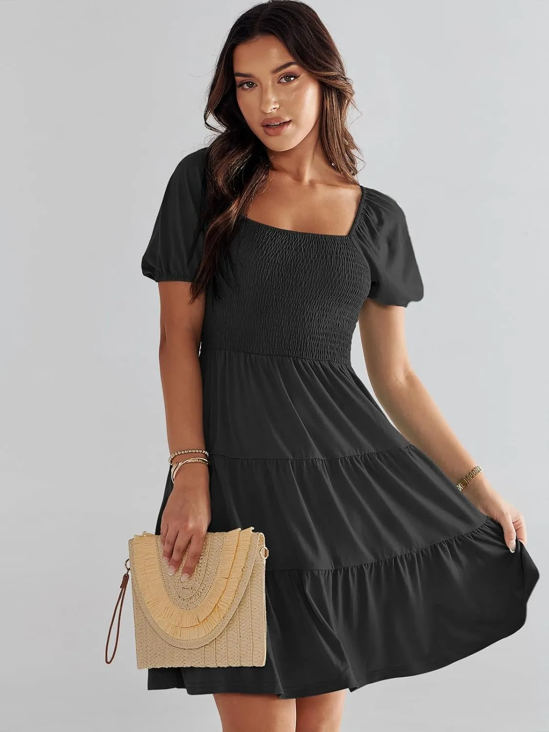 ANRABESS Womens 2025 Summer Casual Dress Square Neck Puff Sleeve Boho Beach Vacation Short Dress
