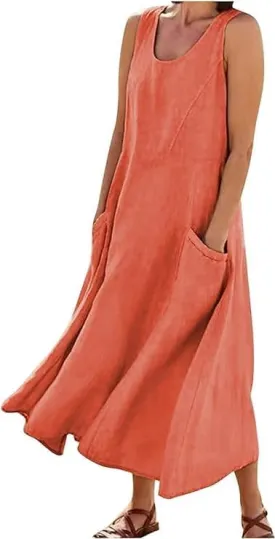 Apvirdy Linen Dress for Women Summer Sleeveless Solid Casual Baggy Flowy Maxi Dresses with Pockets