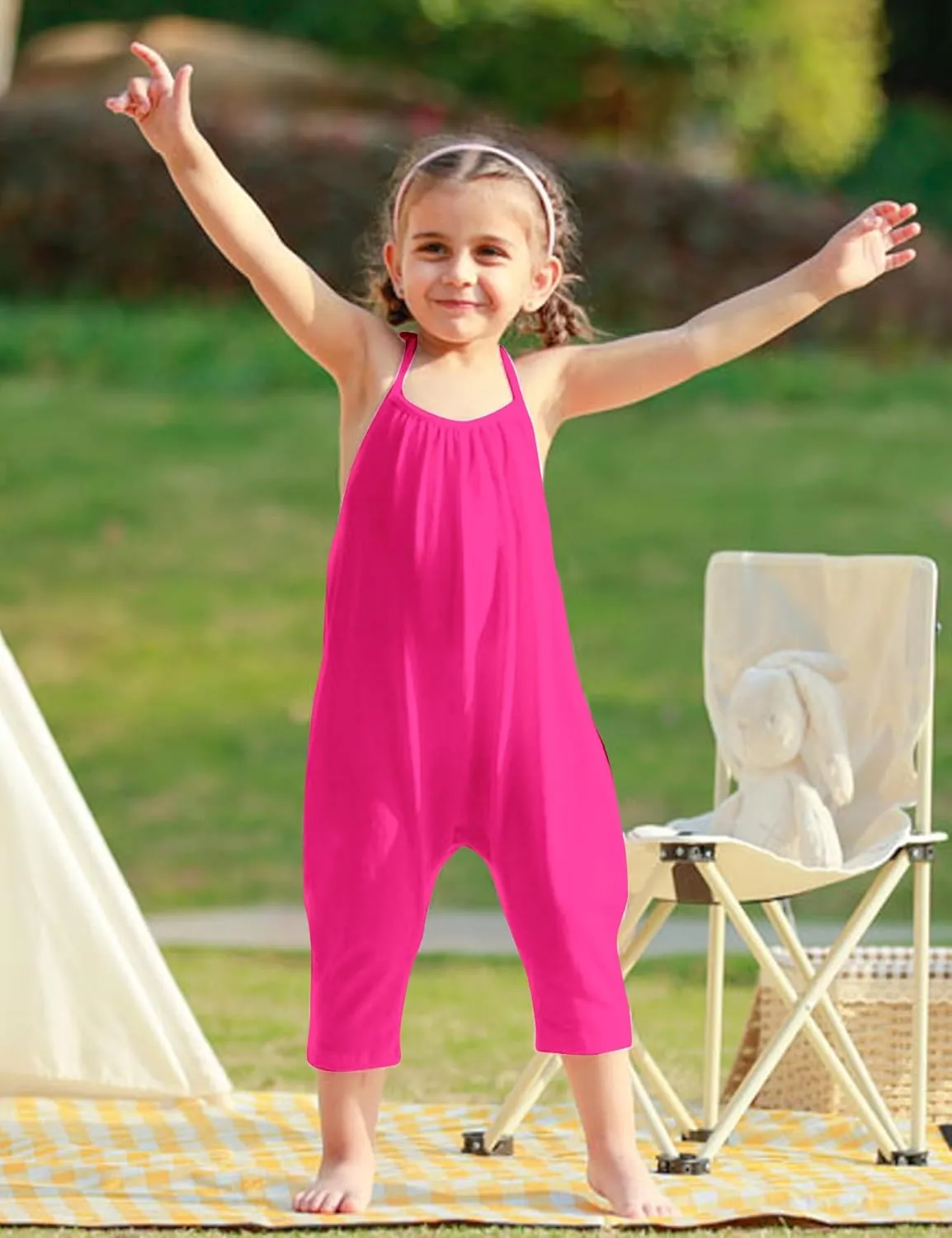 Backless Strap Slouch Jumpsuit for Toddler Girls Cute Harem Halter Romper Pants with Pockets
