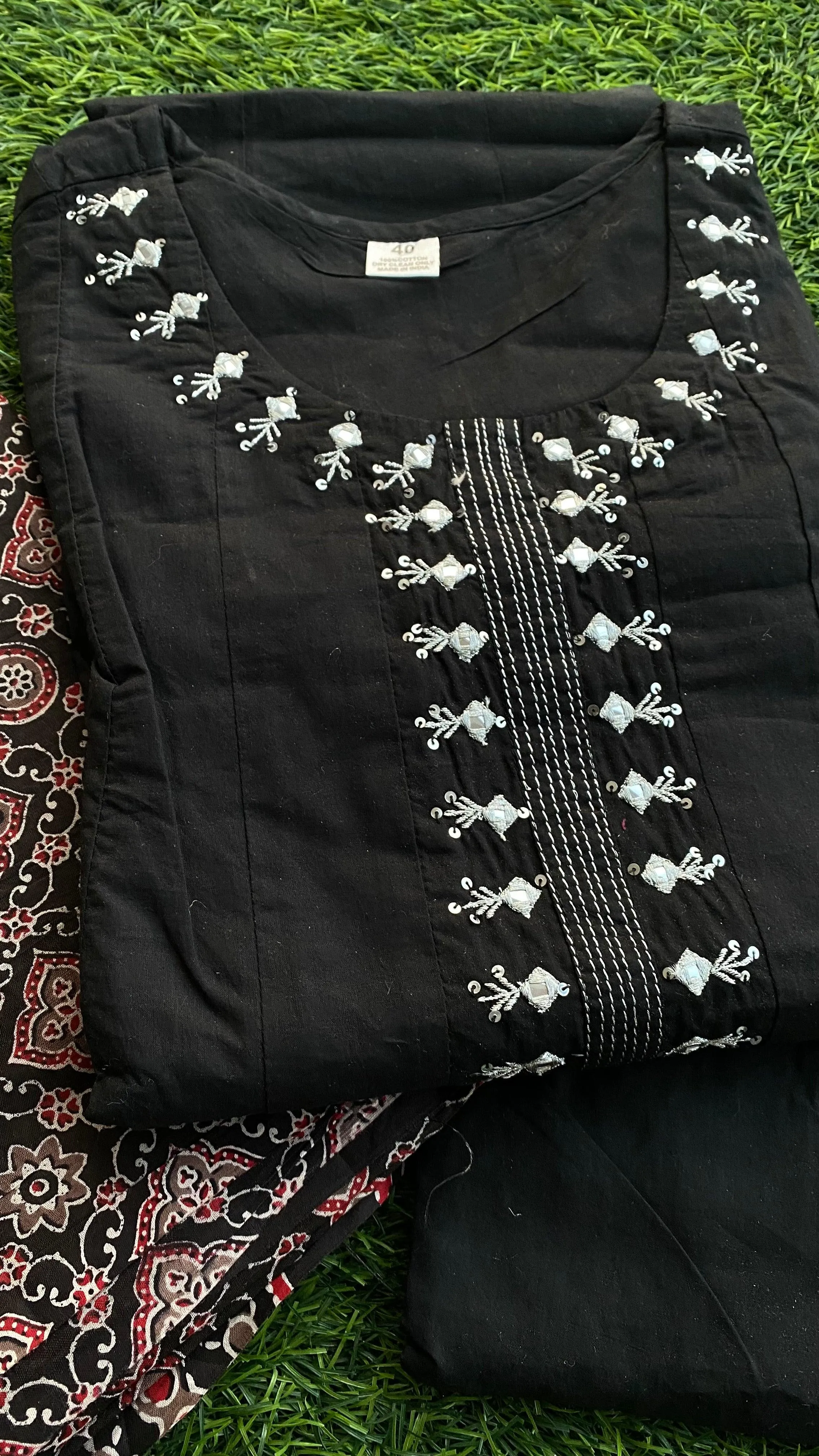 Black Summer Check 3 piece cotton embroidery kurti