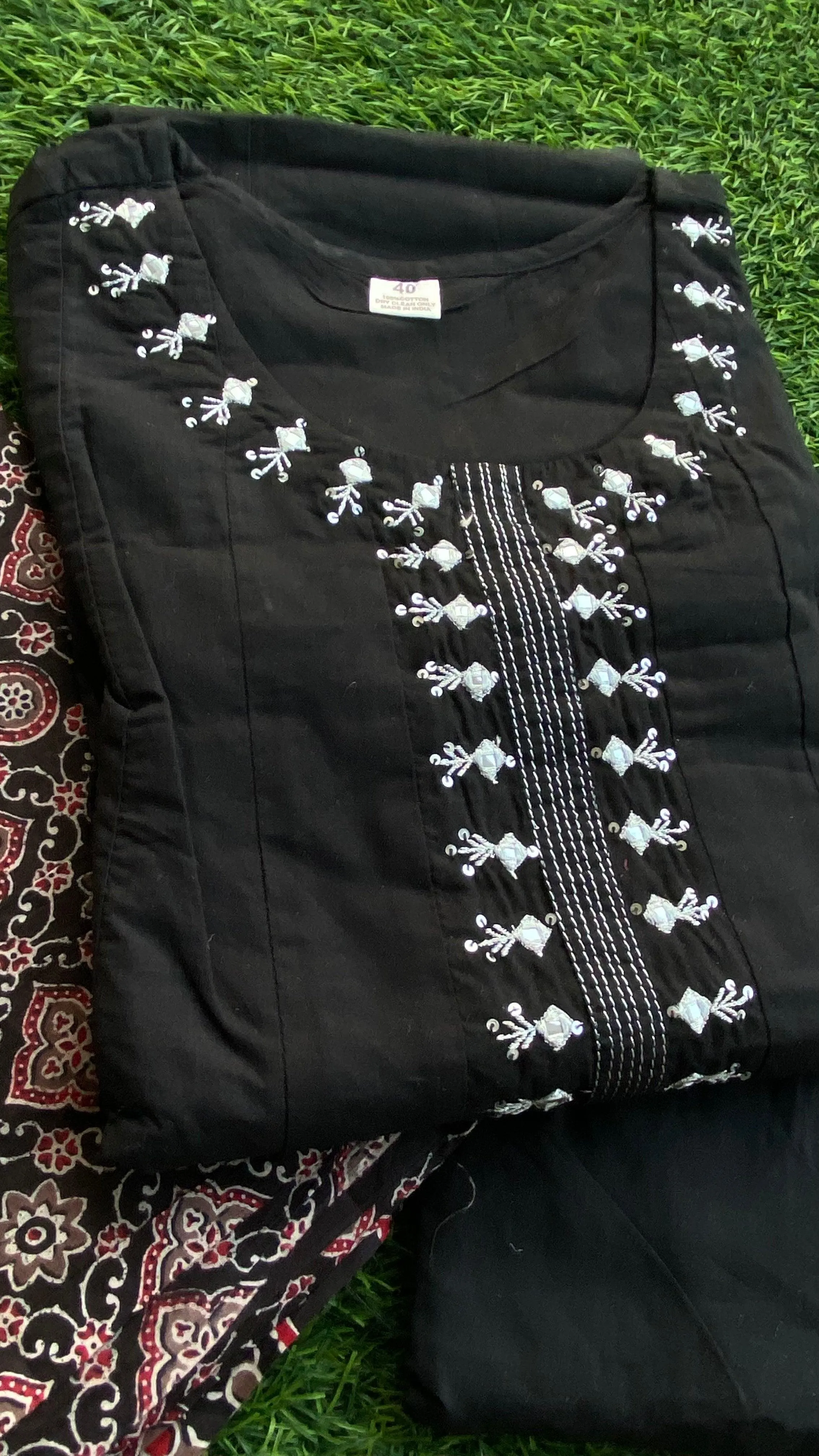 Black Summer Check 3 piece cotton embroidery kurti