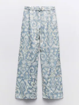 Blue printed ramie trousers
