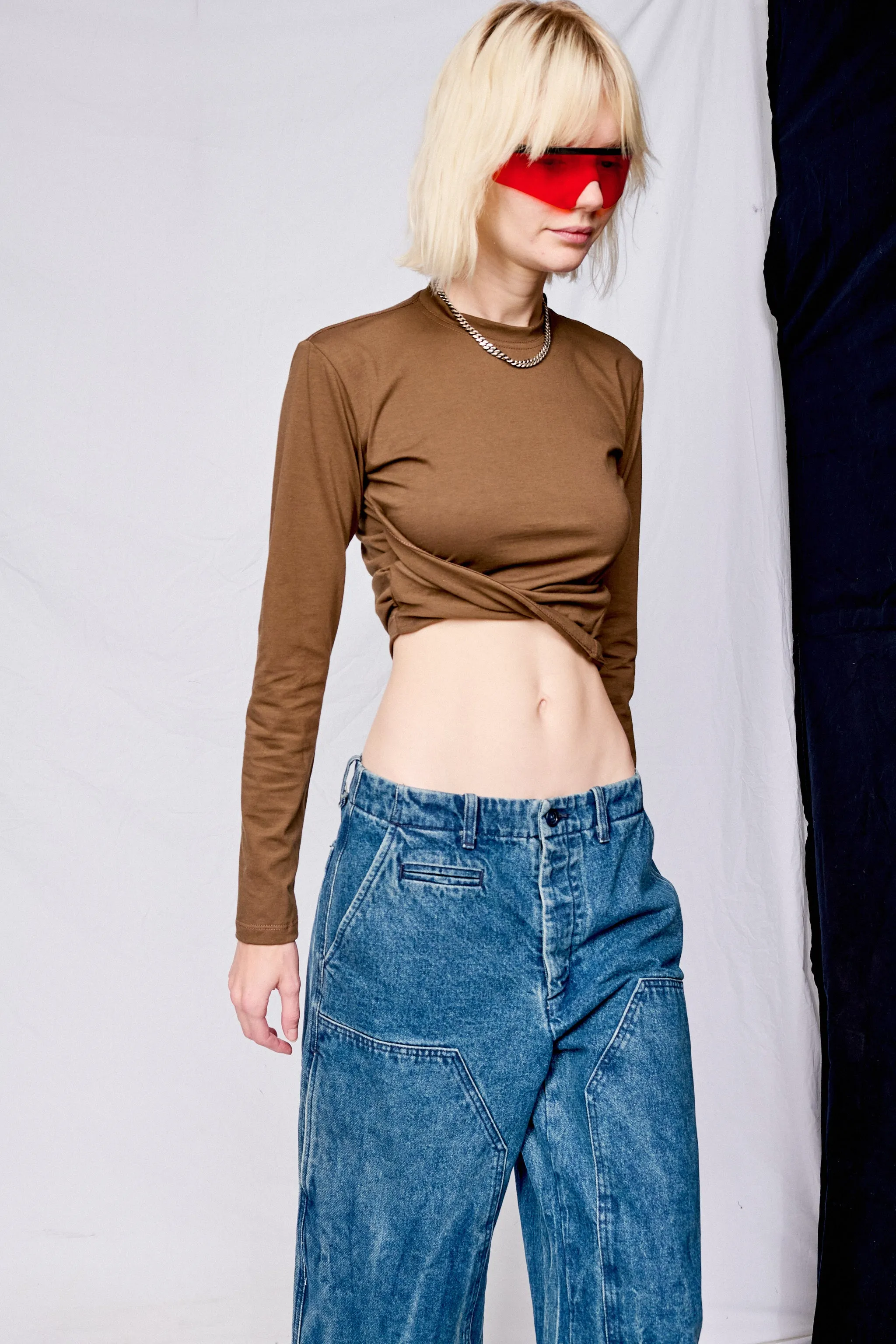 Brown Cotton Twisted Long Sleeve Tee