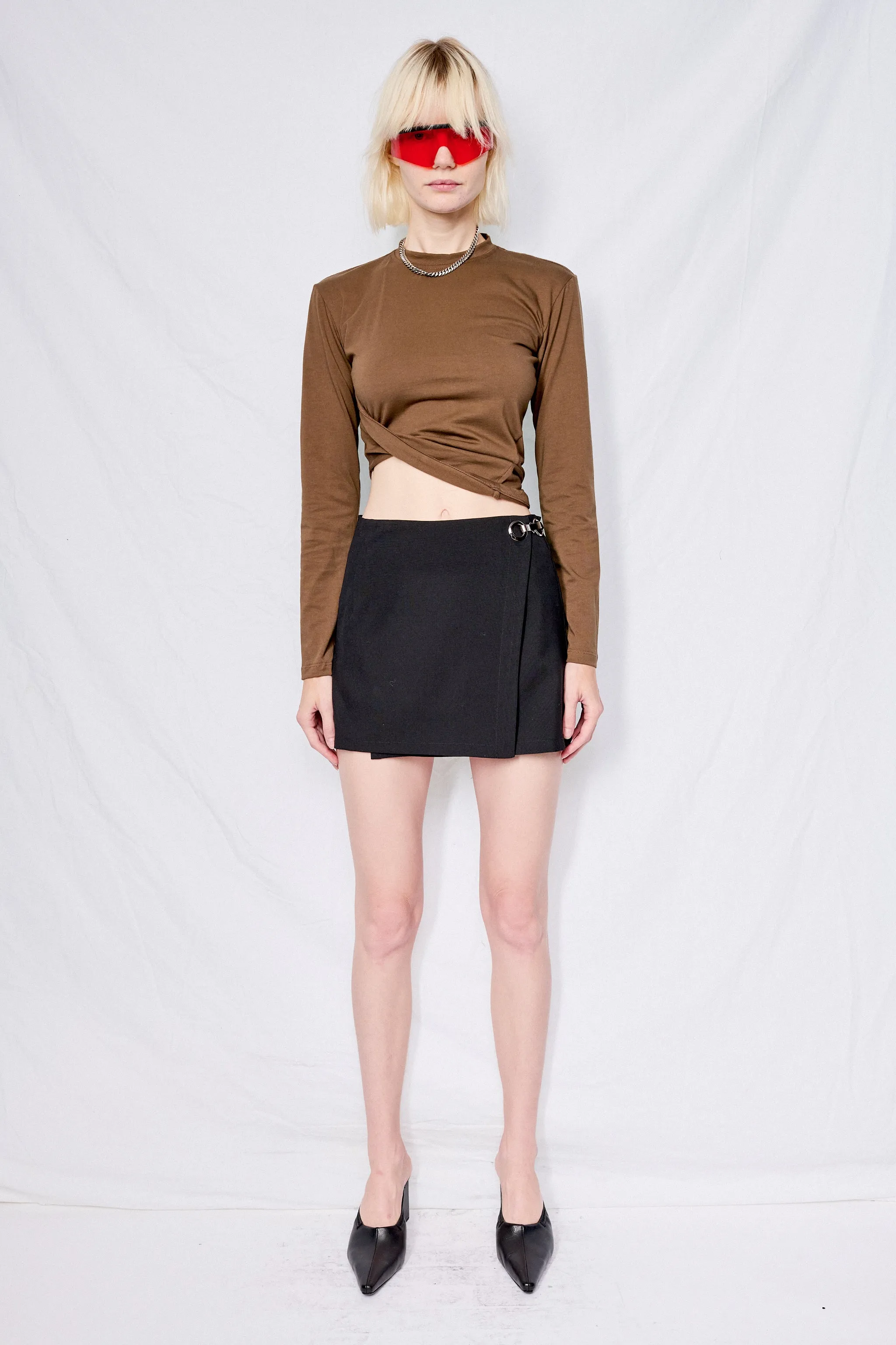 Brown Cotton Twisted Long Sleeve Tee