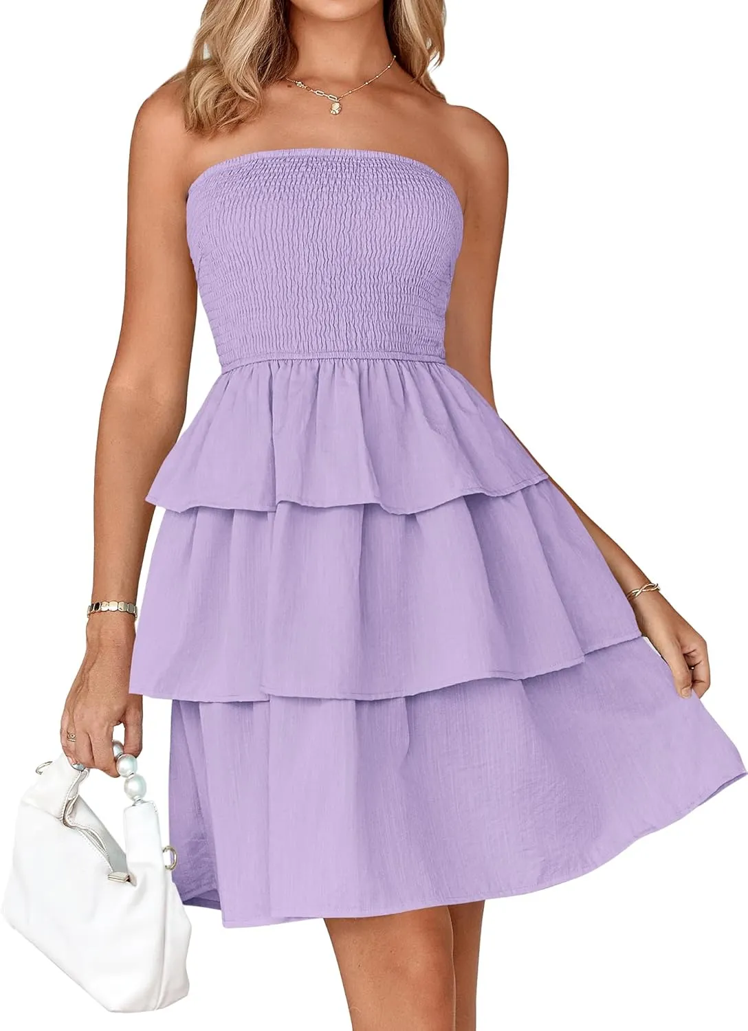 BTFBM 2025 Womens Summer Smocked Tube Dress Off Shoulder Strapless Casual Sundress Tiered Mini Beach Vacation Dresses