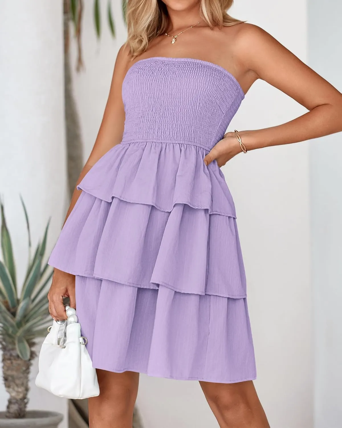 BTFBM 2025 Womens Summer Smocked Tube Dress Off Shoulder Strapless Casual Sundress Tiered Mini Beach Vacation Dresses