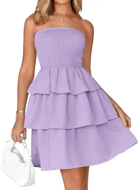 BTFBM 2025 Womens Summer Smocked Tube Dress Off Shoulder Strapless Casual Sundress Tiered Mini Beach Vacation Dresses