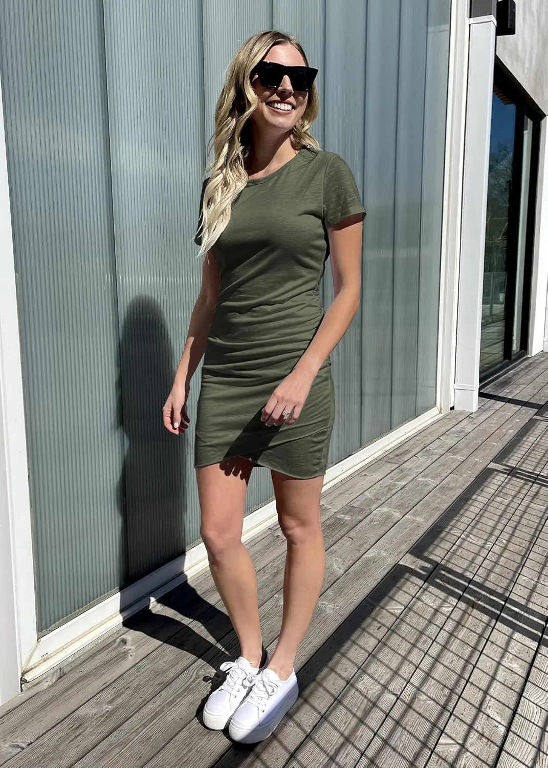 BTFBM Women's 2025 Summer Casual Beach Dresses Crew Neck Short Sleeve Wrap Party Club Mini Ruched Bodycon T Shirt Dress