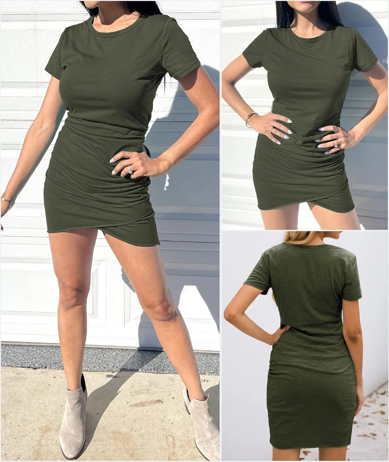 BTFBM Women's 2025 Summer Casual Beach Dresses Crew Neck Short Sleeve Wrap Party Club Mini Ruched Bodycon T Shirt Dress