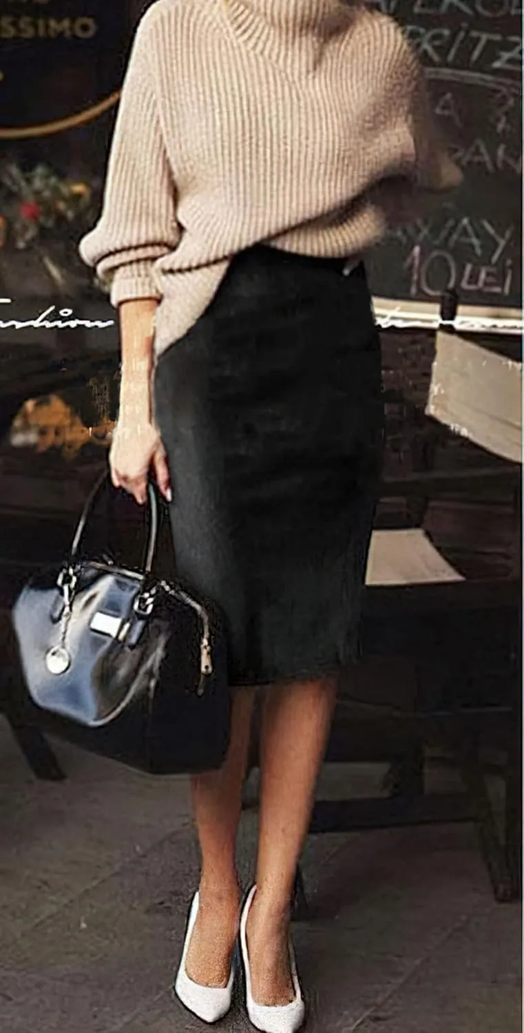 CHARTOU Womens Lightweight Elastic-Waist Faux Suede Leather Side Split Hip Packaged Skirt