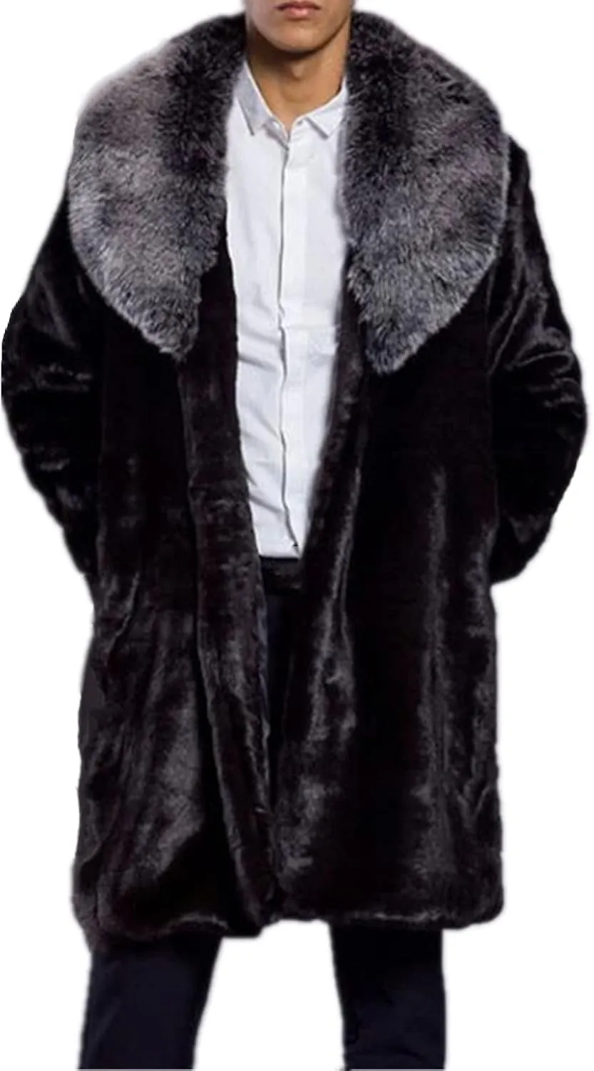 Colf Men's Winter Long Sleeve Turn Collar Faux Fur Coat Outwear Long Parka Jacket Overcoat