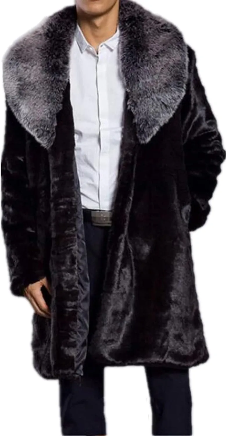 Colf Men's Winter Long Sleeve Turn Collar Faux Fur Coat Outwear Long Parka Jacket Overcoat