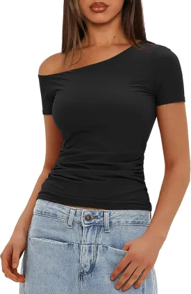 Darong Women's Double Lined Slim Fit Tshirt One Shoulder Short Sleeve Ruched Crop Top Fashion Outfit Clothes
