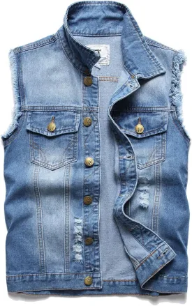Denim Vest Men Lapel Sleeveless Slim Fit Retro Ripped Casual Jean Vest for Men's