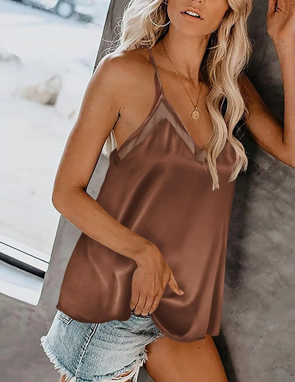 Ekouaer Silk Tank Top for Women Mesh V Neck Satin Camisole Silky Sleeveless Tank Cami Shirt
