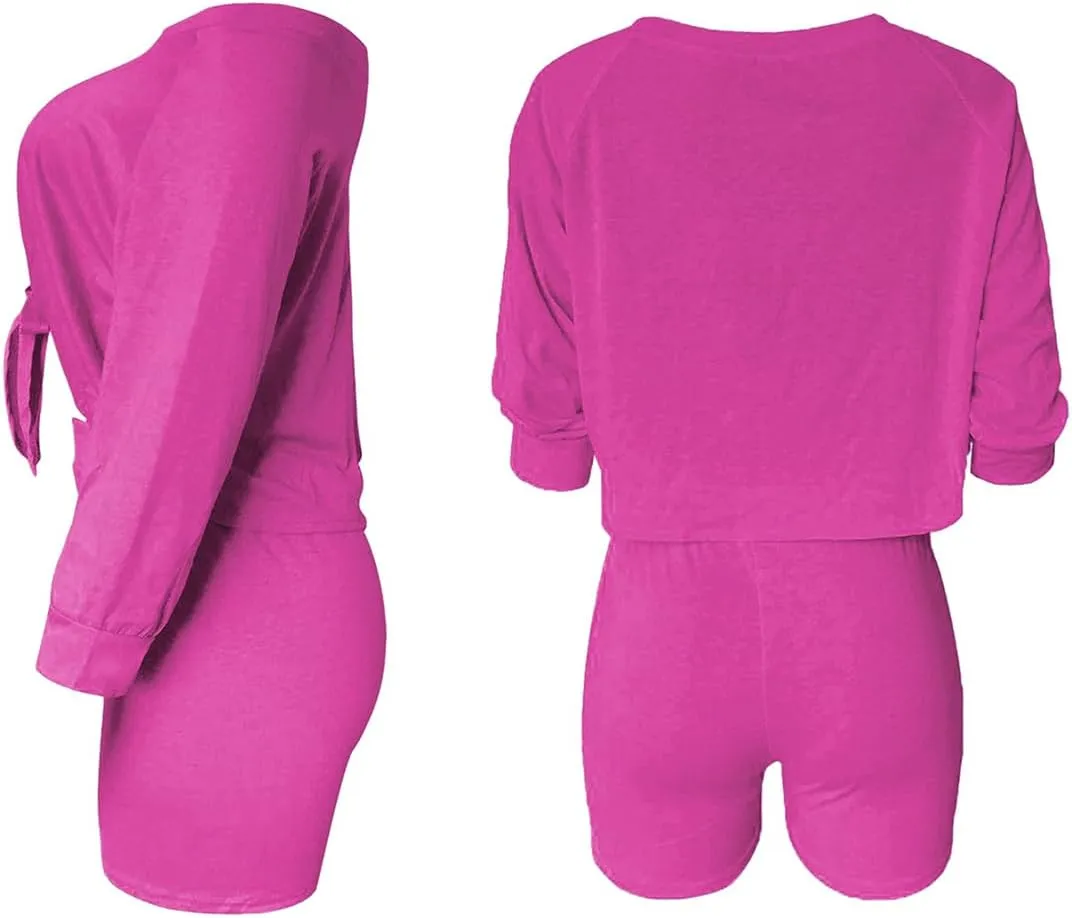 FANDEE 2 Piece Outfits for Women 3/4 Sleeve Off Shoulder Summer Tracksuits Tie up Top Biker Short Sets Clubwear