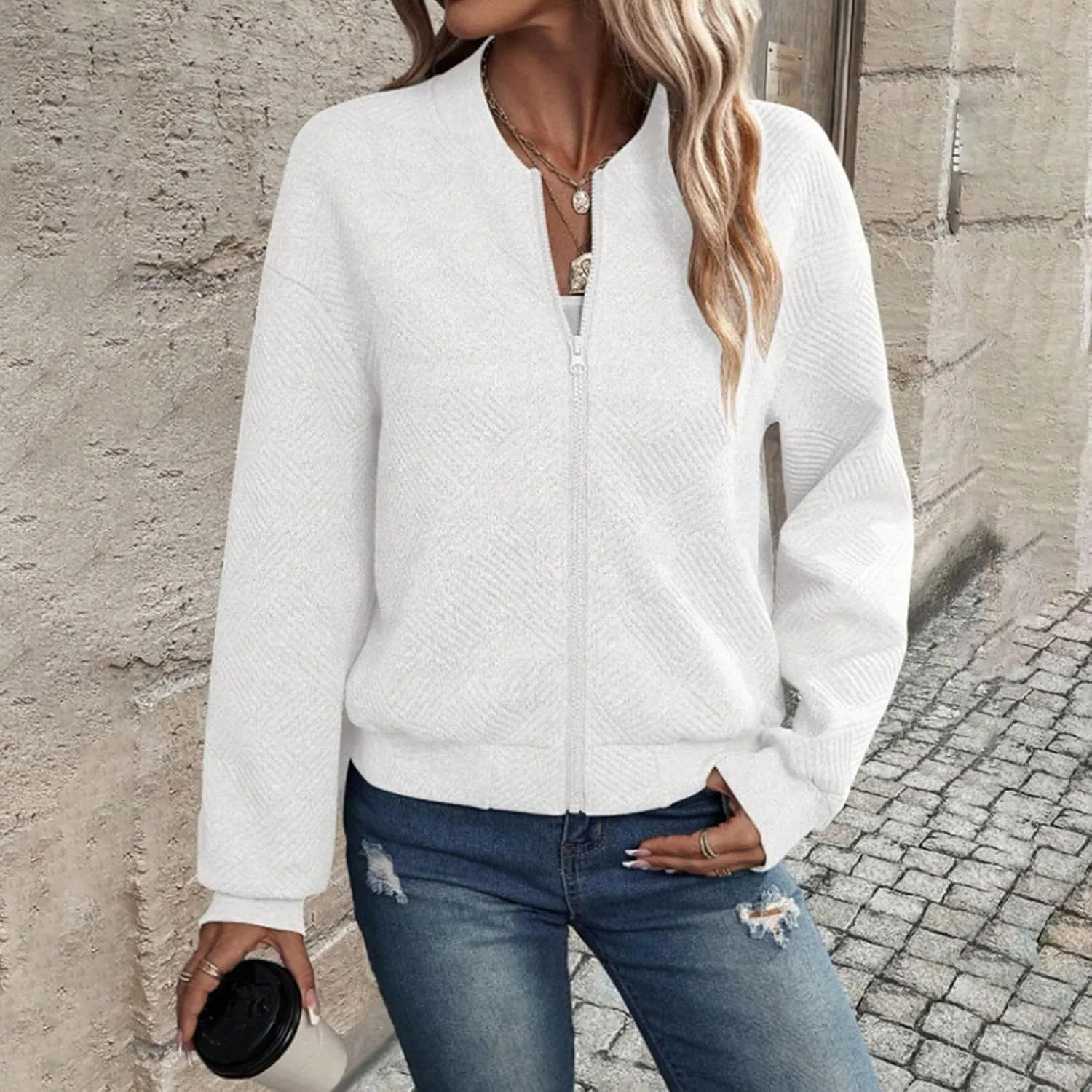 Fleece Jackets for Women Lightweight Full Zip Bomber Jacket Soft Long Sleeve Zip Up Hoodies Crew Neck Sweatshirt