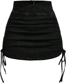 Floerns Women's Drawstring Side Ruched Denim Skirt High Waist Bodycon Mini Skirts