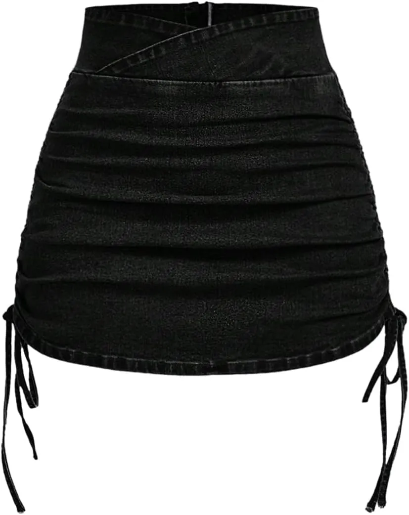 Floerns Women's Drawstring Side Ruched Denim Skirt High Waist Bodycon Mini Skirts