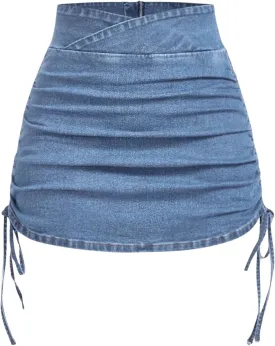 Floerns Women's Drawstring Side Ruched Denim Skirt High Waist Bodycon Mini Skirts