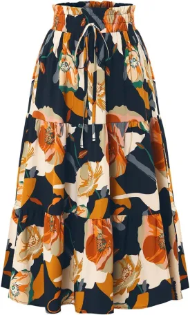 Floral Midi Skirts for Women High Waisted Boho Pleated Tiered Skirt Elegant Ruffle Hem Drawstring A Line Skater Skirt