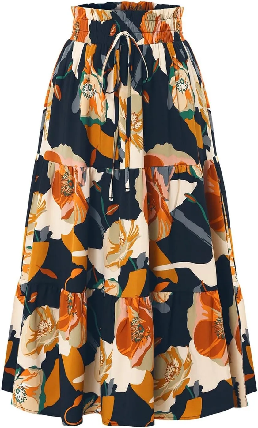Floral Midi Skirts for Women High Waisted Boho Pleated Tiered Skirt Elegant Ruffle Hem Drawstring A Line Skater Skirt