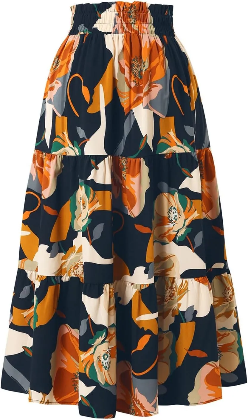 Floral Midi Skirts for Women High Waisted Boho Pleated Tiered Skirt Elegant Ruffle Hem Drawstring A Line Skater Skirt