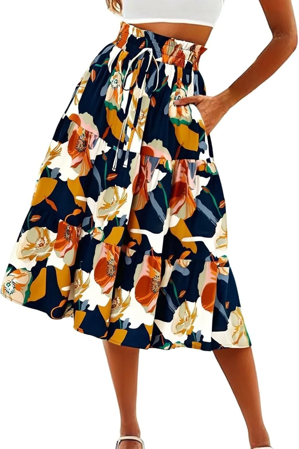 Floral Midi Skirts for Women High Waisted Boho Pleated Tiered Skirt Elegant Ruffle Hem Drawstring A Line Skater Skirt