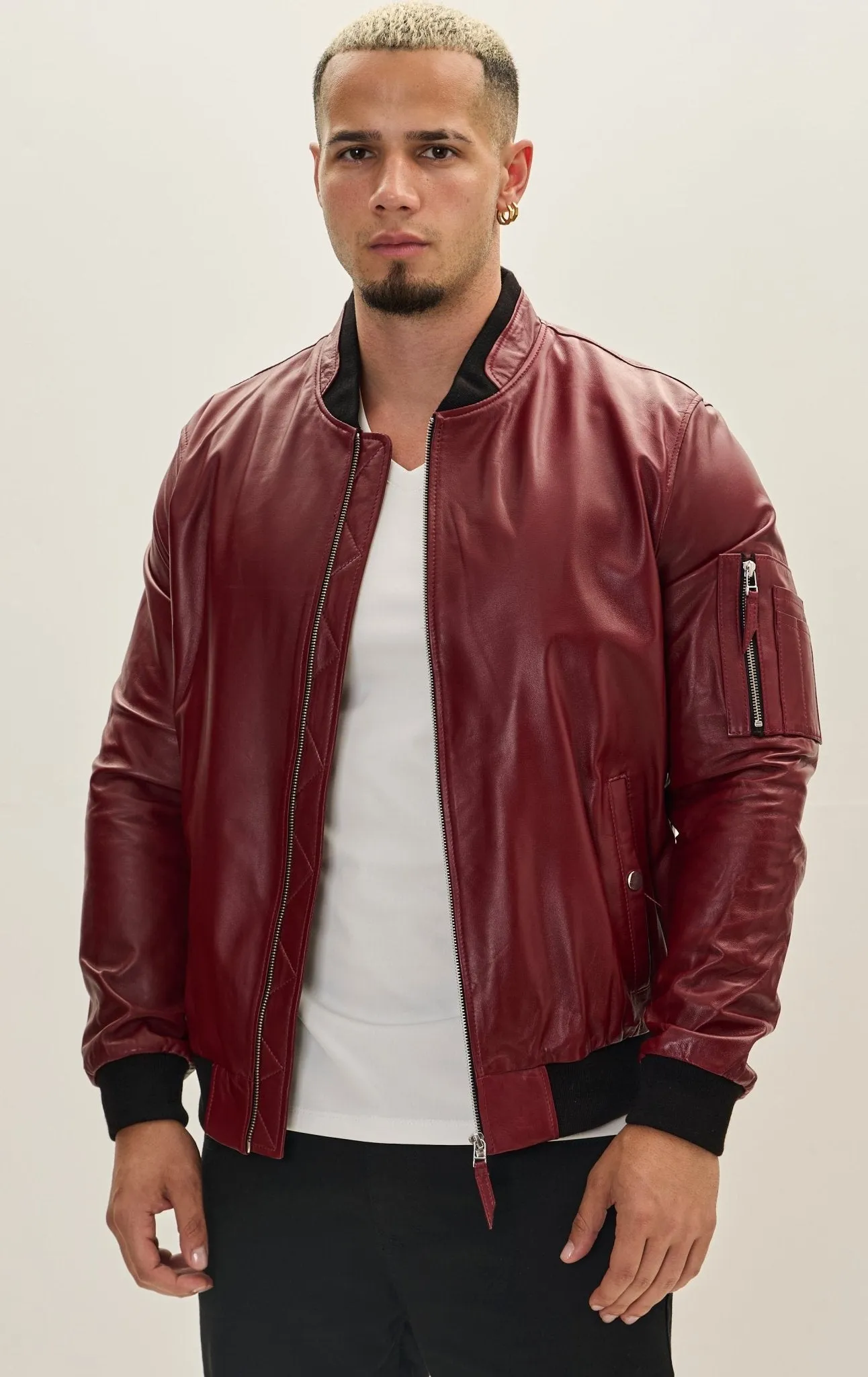 Genuine Leather Bomber Jacket - Burgundy