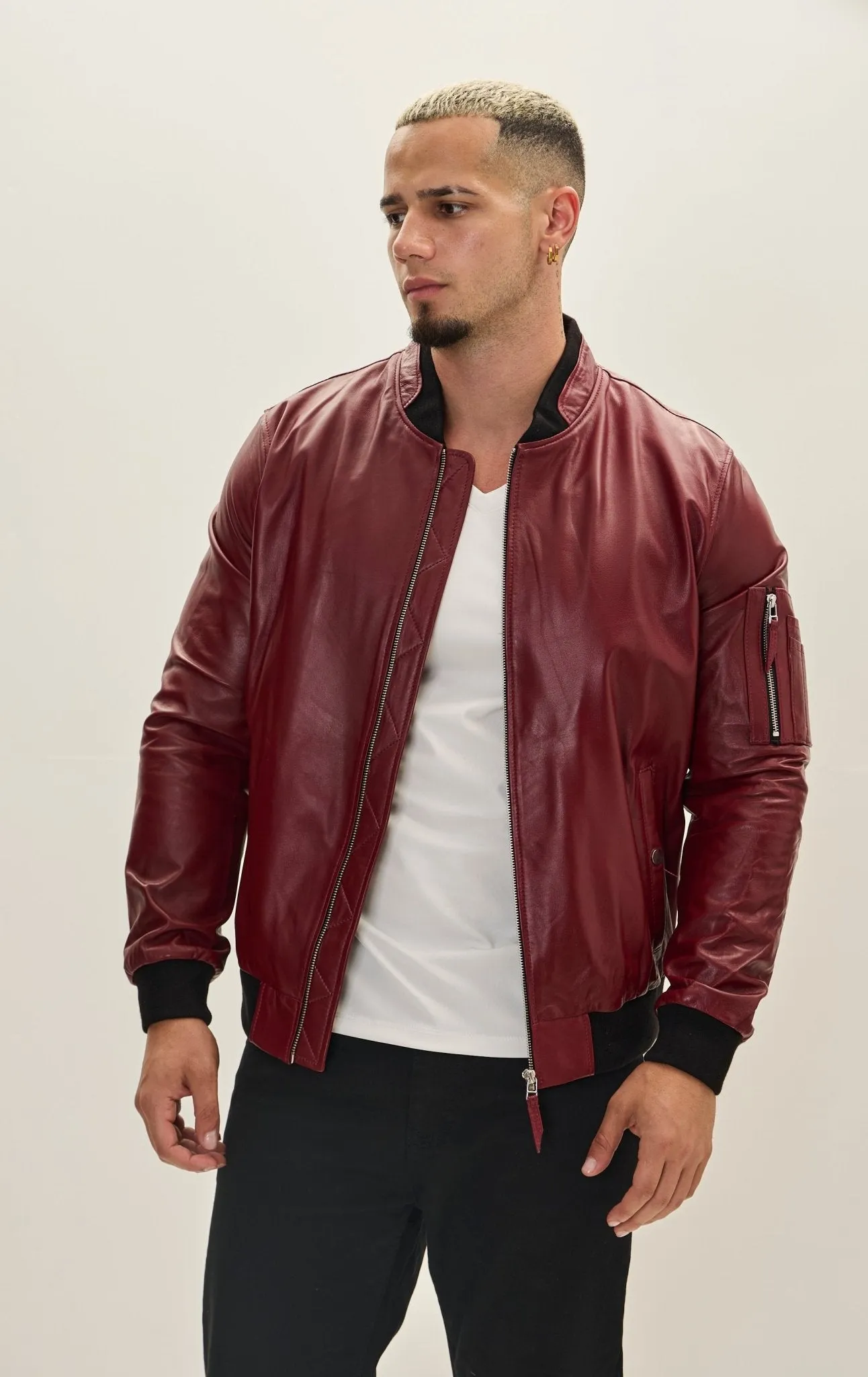 Genuine Leather Bomber Jacket - Burgundy