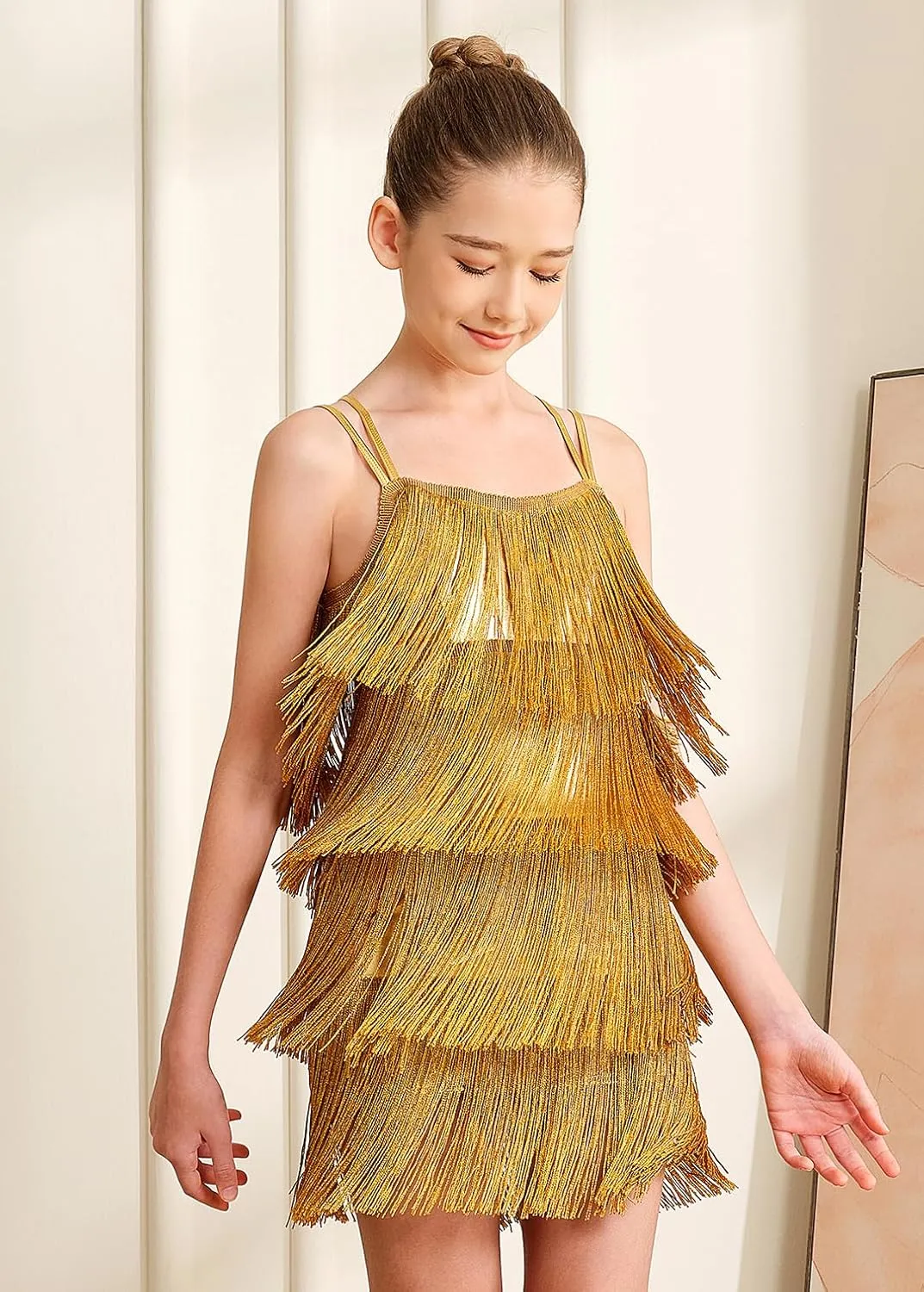 Girls Latin Tassel Dance Dress Sequin Fringe Skirt Sparkly Camisole Dancewear