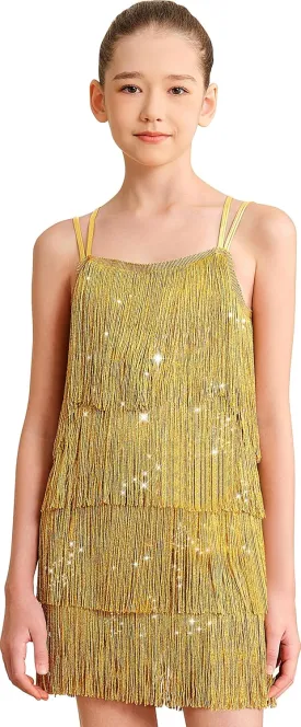 Girls Latin Tassel Dance Dress Sequin Fringe Skirt Sparkly Camisole Dancewear