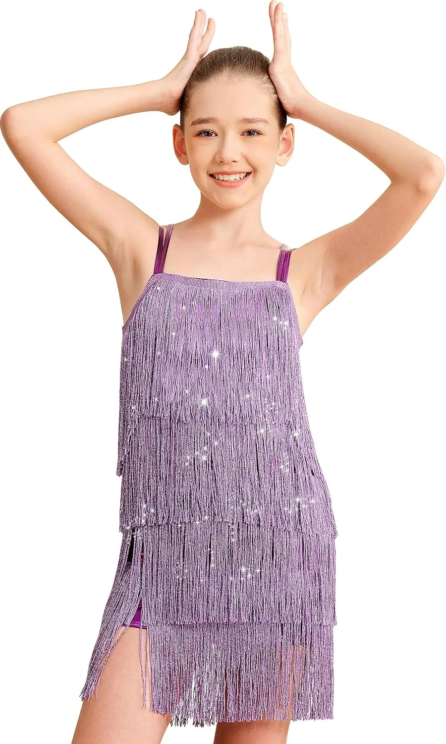 Girls Latin Tassel Dance Dress Sequin Fringe Skirt Sparkly Camisole Dancewear