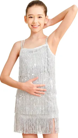 Girls Latin Tassel Dance Dress Sequin Fringe Skirt Sparkly Camisole Dancewear