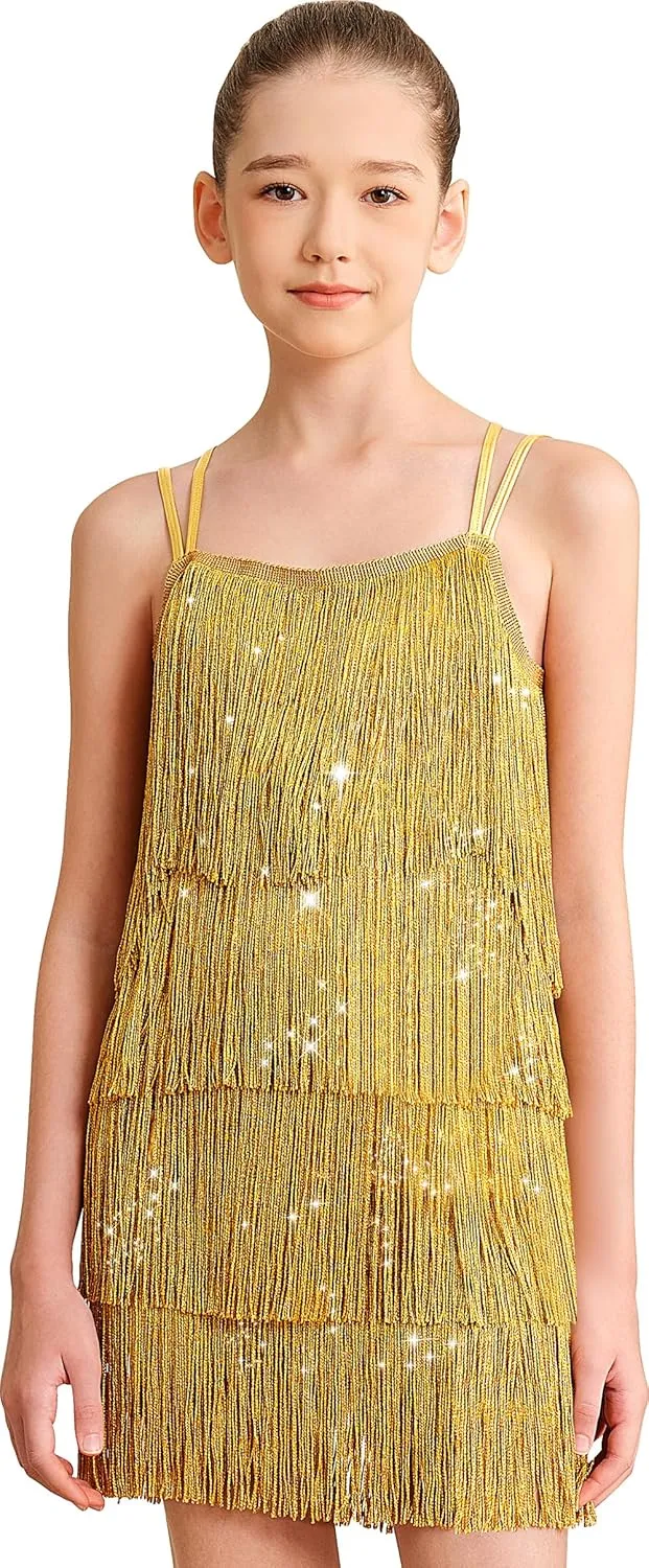 Girls Latin Tassel Dance Dress Sequin Fringe Skirt Sparkly Camisole Dancewear
