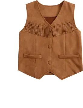 Girl's Tassels Sleeveless Vest 70s Hippie Faux Suede Boho Western Cowgirl Fringe Jacket Cardigan