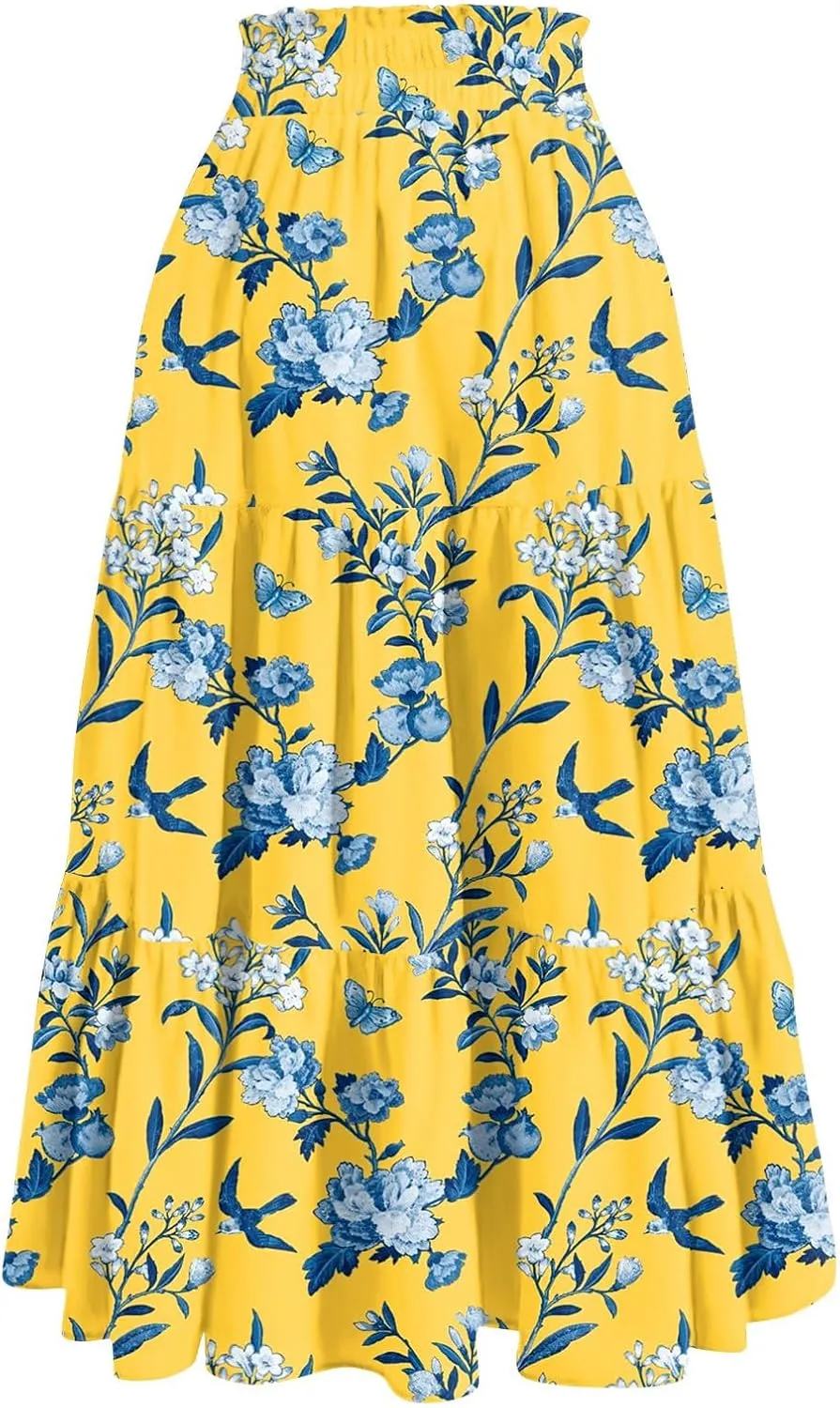 GOFULY Maxi Skirts for Women Flowy Summer Floral Print A-Line Long Skirt Drawstring Elastic High Waist Pleated Tiered Skirts