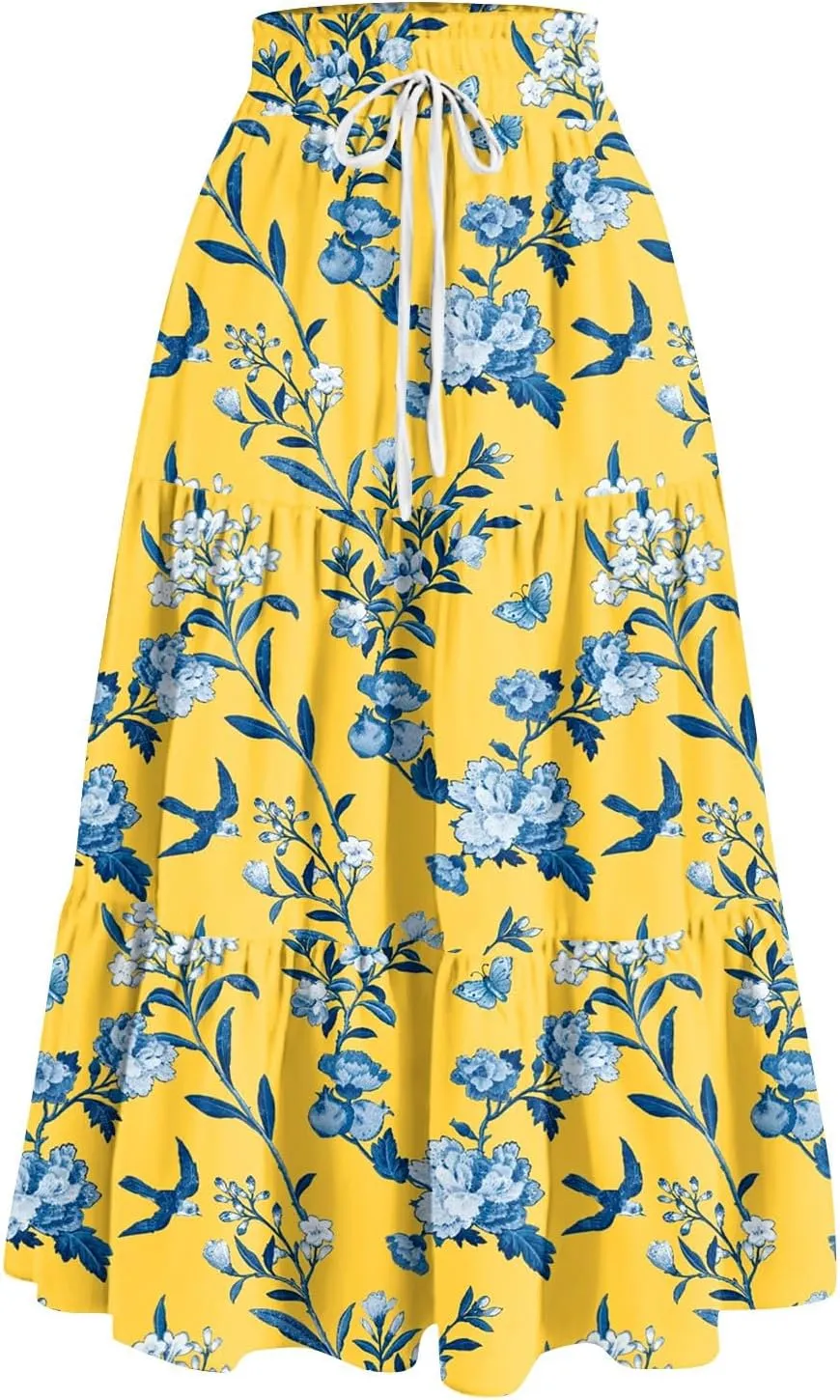 GOFULY Maxi Skirts for Women Flowy Summer Floral Print A-Line Long Skirt Drawstring Elastic High Waist Pleated Tiered Skirts