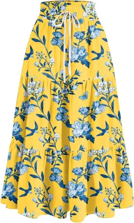 GOFULY Maxi Skirts for Women Flowy Summer Floral Print A-Line Long Skirt Drawstring Elastic High Waist Pleated Tiered Skirts