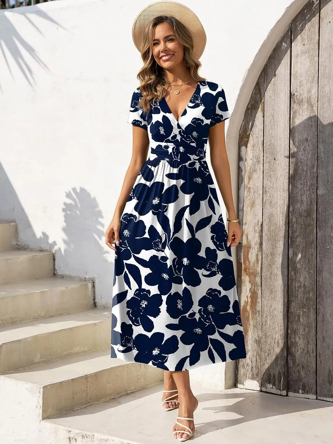 Gracyoga Women's Summer Dresses 2025 Short Sleeve Maxi Dress Casual V Neck Flowy Sundress with Pockets