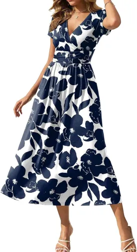 Gracyoga Women's Summer Dresses 2025 Short Sleeve Maxi Dress Casual V Neck Flowy Sundress with Pockets