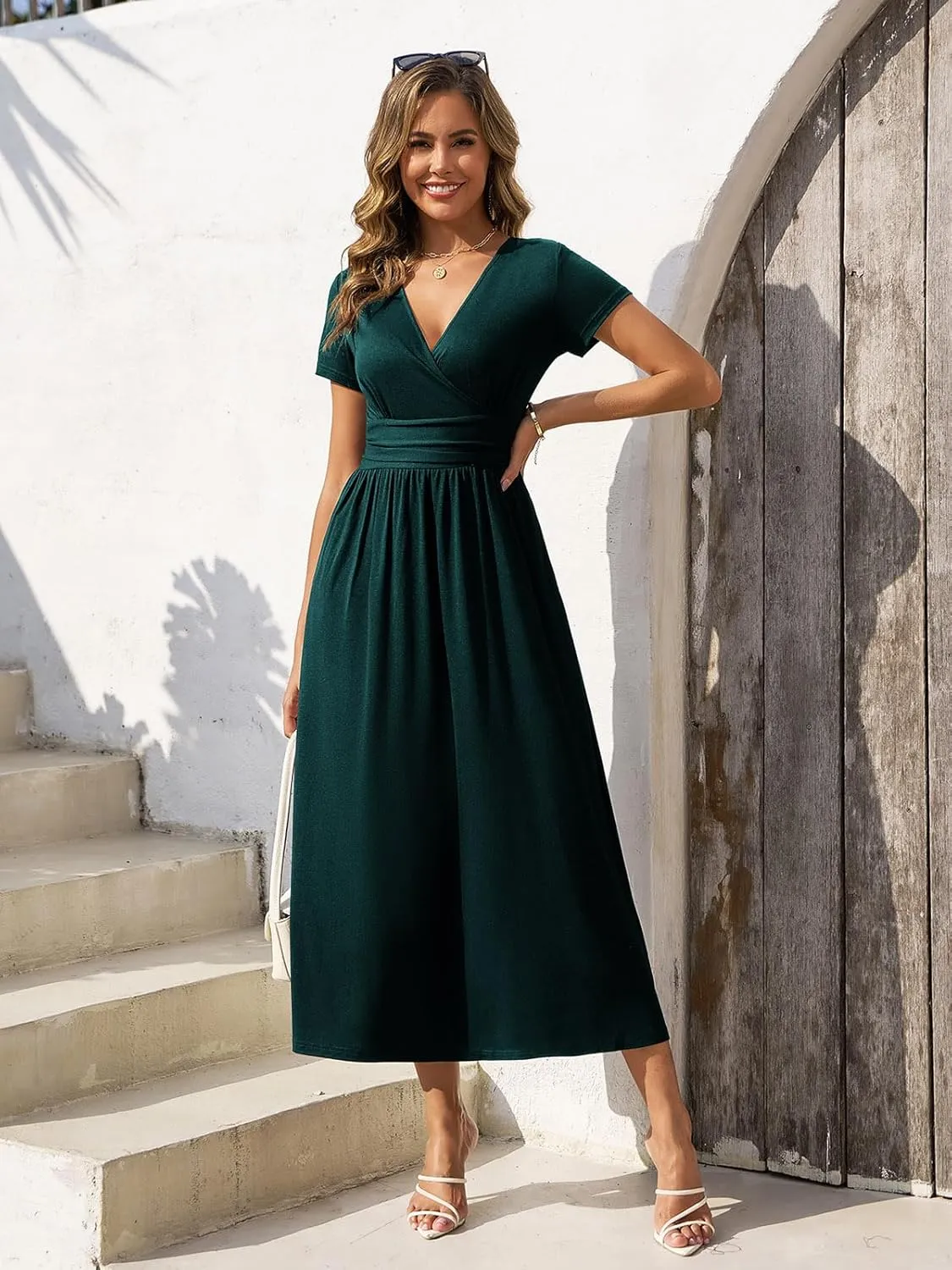 Gracyoga Women's Summer Dresses 2025 Short Sleeve Maxi Dress Casual V Neck Flowy Sundress with Pockets