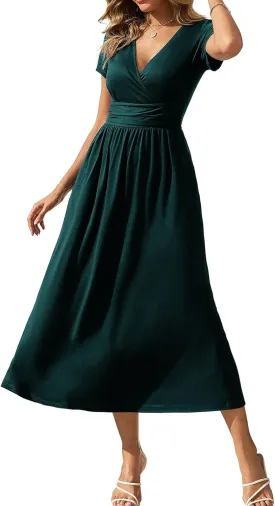 Gracyoga Women's Summer Dresses 2025 Short Sleeve Maxi Dress Casual V Neck Flowy Sundress with Pockets