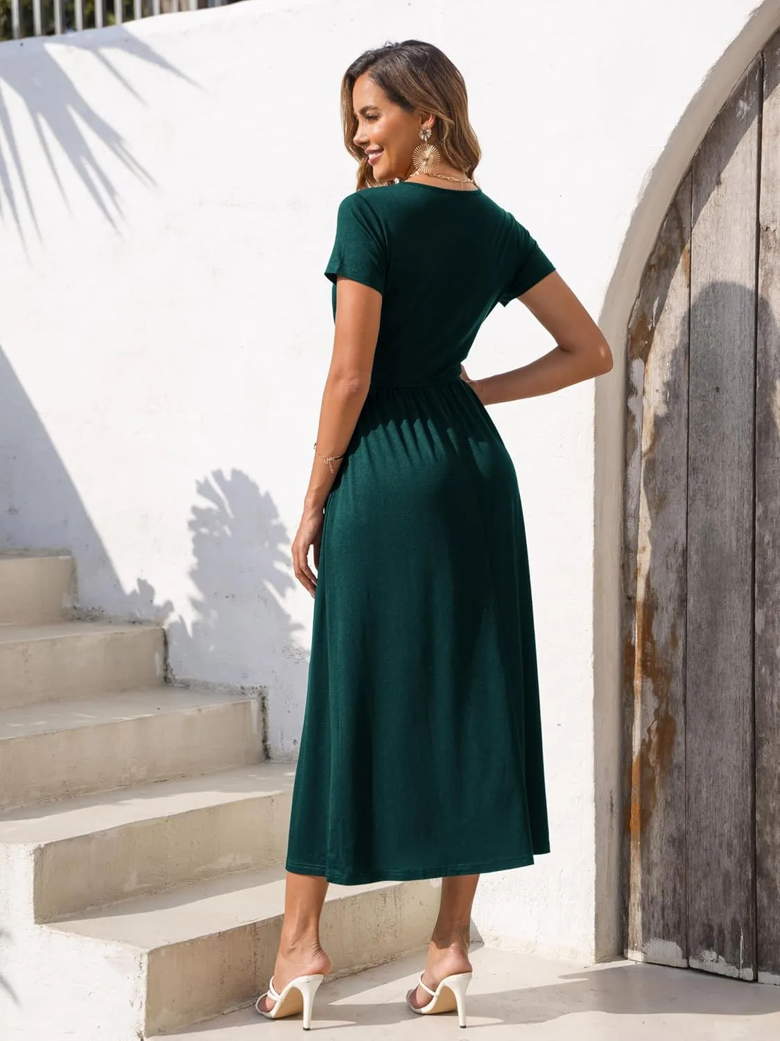 Gracyoga Women's Summer Dresses 2025 Short Sleeve Maxi Dress Casual V Neck Flowy Sundress with Pockets